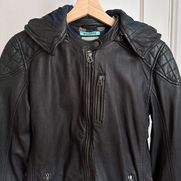 Scotch & Soda Black Leather Hooded Zip Moto Biker Jacket RARE Small - Picture 3 of 13